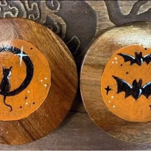 Handpainted Halloween Coasters (Set of 2) | Cat & Bat Wooden Coasters