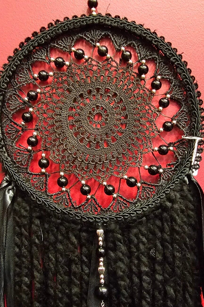 dream catcher, obsidian, protection, handmade, spiritual, decor, witchy, home