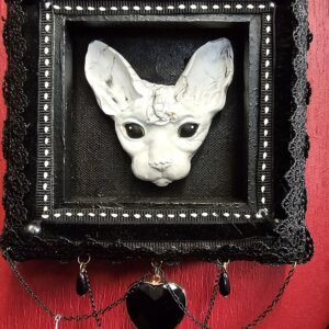 Handmade Gothic Cat Wall Hanging | Velvet & Lace Shadow Frame